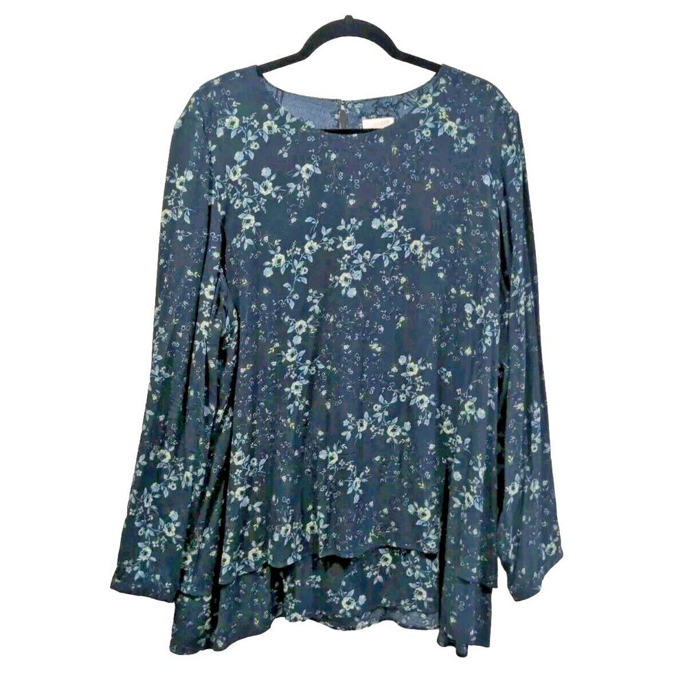 J Jill Womens Floral Long Sleeve Blouse Size XL Navy Casual Tiered Hem Keyhole
